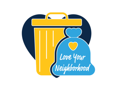 Stylized image of a yellow trash can and a blue bag with a heart and text 